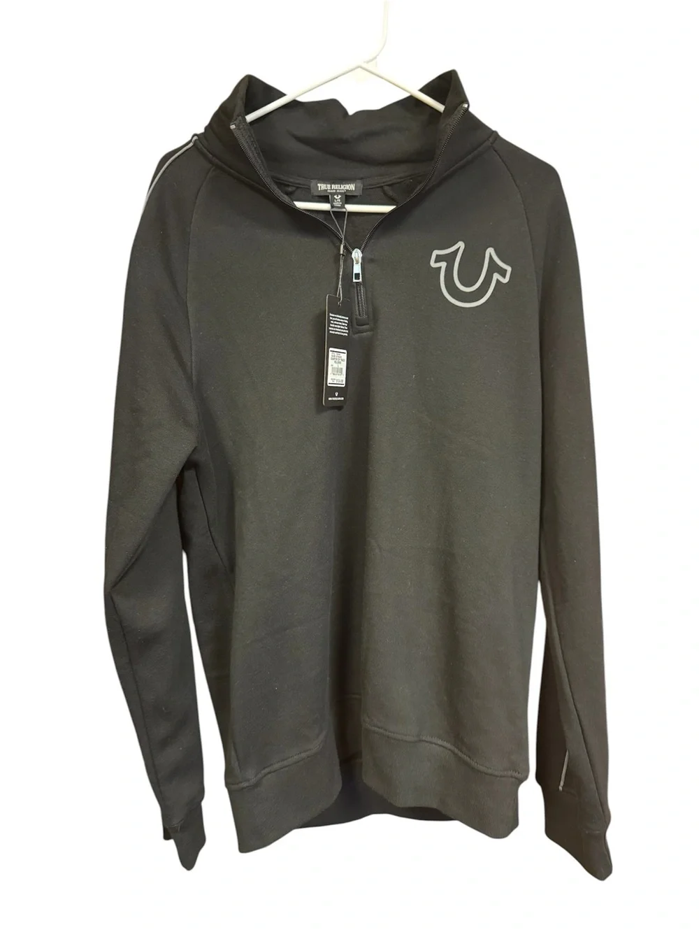True Religion Jet Black Quarter Zip Track Pullover Hoodie Men’s Size Large NWT